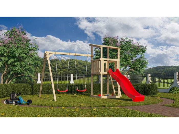 Karibu Spielturm Anna + Rutsche blau + Doppelschaukel