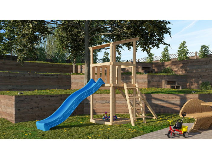 Karibu Spielturm Anna + Rutsche blau + Netzrampe