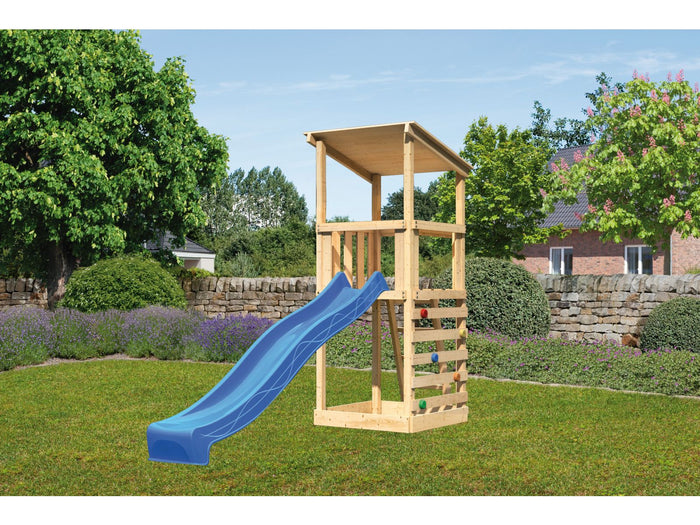 Karibu Spielturm Anna + Rutsche blau + Kletterwand