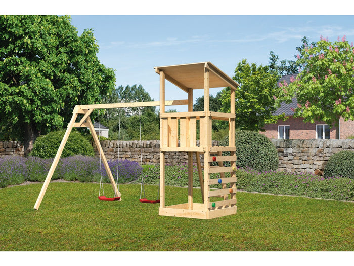 Karibu Spielturm Anna + Doppelschaukel + Kletterwand