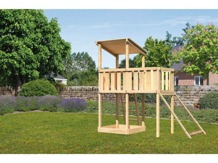 Karibu Spielturm Anna + Anbauplattform + Netzrampe