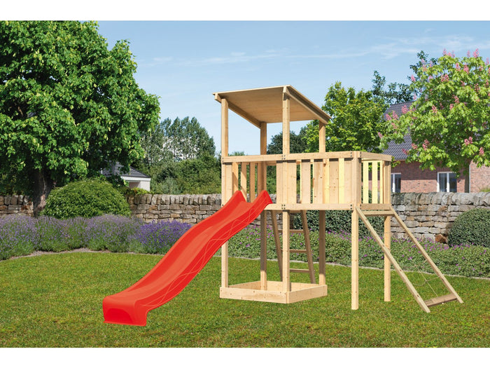 Karibu Spielturm Anna + Rutsche rot + Anbauplattform + Netzrampe