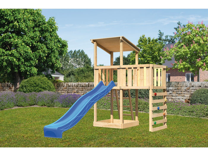 Karibu Spielturm Anna + Rutsche blau + Anbauplattform + Kletterwand