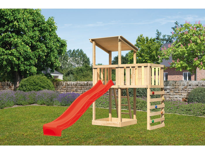 Spielturm Anna + Rutsche rot + Anbauplattform + Kletterwand
