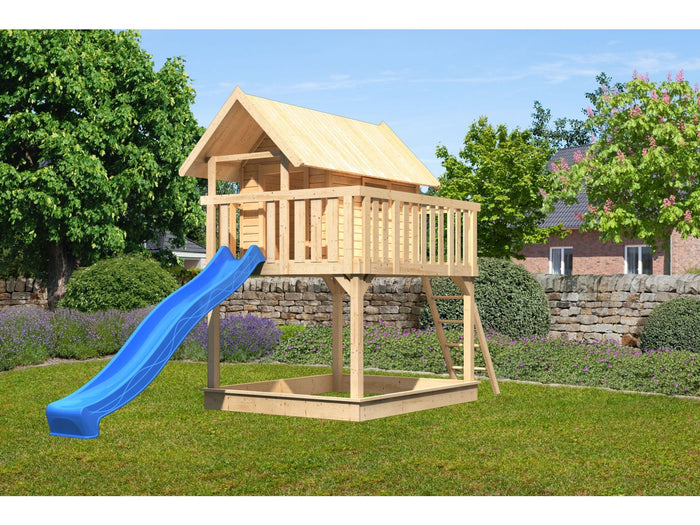 Karibu Stelzenhaus Fidel naturbelassen + Rutsche blau