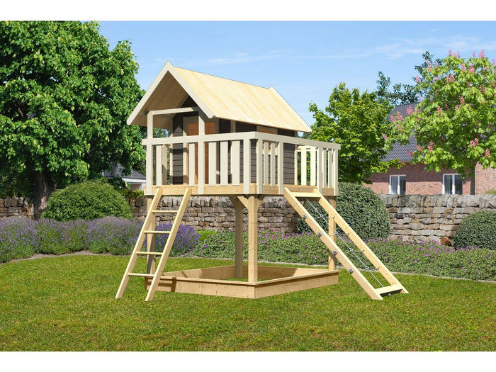 Karibu Stelzenhaus Fidel terragrau + Netzrampe