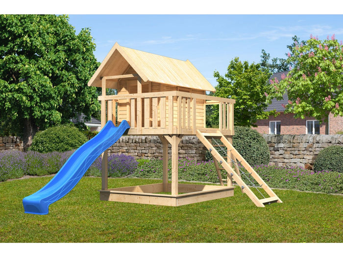 Karibu Stelzenhaus Fidel naturbelassen + Rutsche blau + Netzrampe