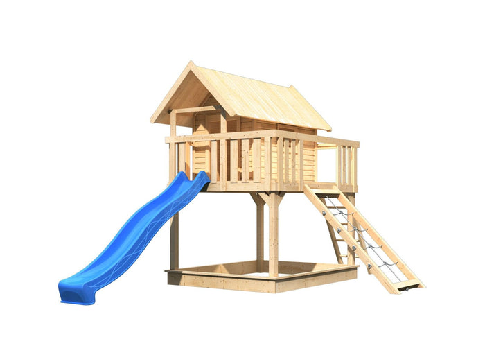 Karibu Stelzenhaus Fidel naturbelassen + Rutsche blau + Netzrampe