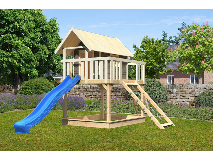 Karibu Stelzenhaus Fidel terragrau + Rutsche blau + Netzrampe