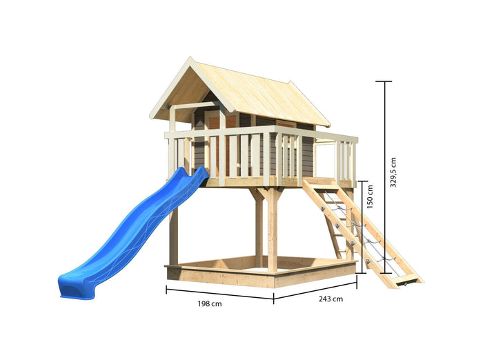 Karibu Stelzenhaus Fidel terragrau + Rutsche blau + Netzrampe