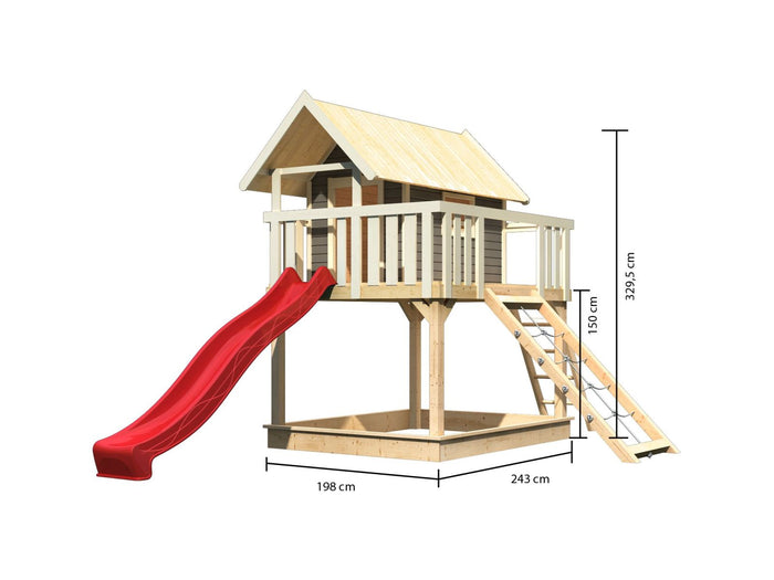 Karibu Stelzenhaus Fidel terragrau + Rutsche rot + Netzrampe