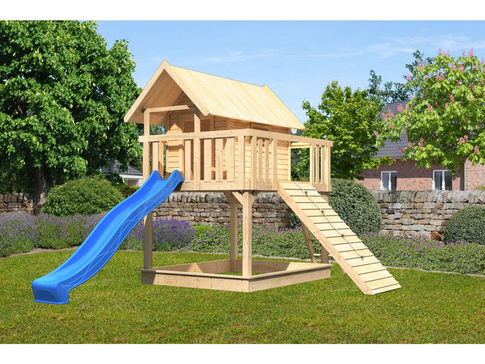 Karibu Stelzenhaus Fidel naturbelassen + Rutsche blau + Holzrampe