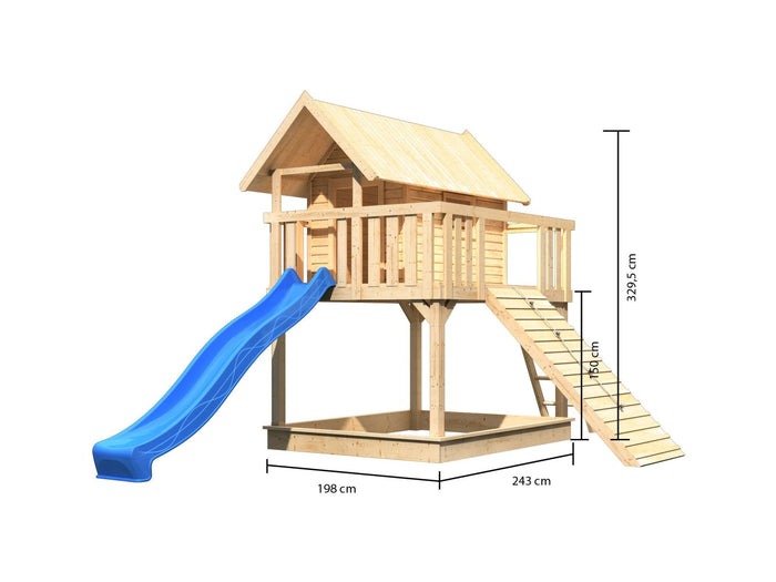 Karibu Stelzenhaus Fidel naturbelassen + Rutsche blau + Holzrampe