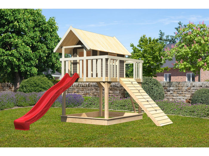 Karibu Stelzenhaus Fidel terragrau + Rutsche rot + Holzrampe