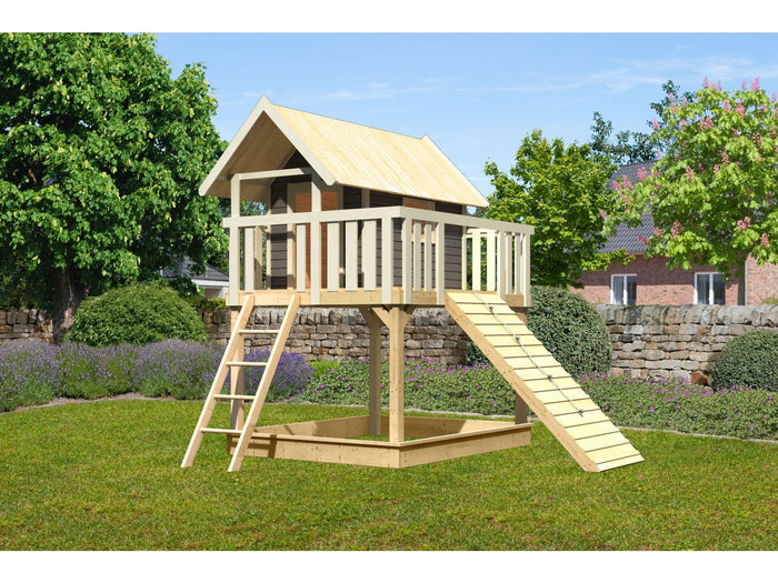 Karibu Stelzenhaus Fidel terragrau + Holzrampe