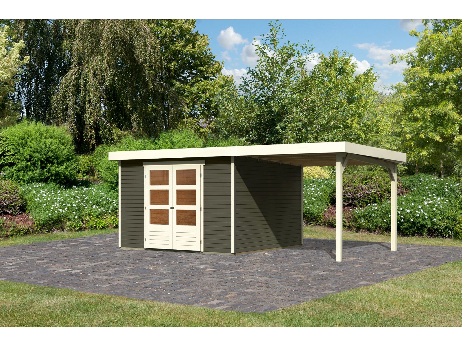 Karibu Gartenhaus Askola 6 in terragrau mit Anbaudach 2,4 Meter