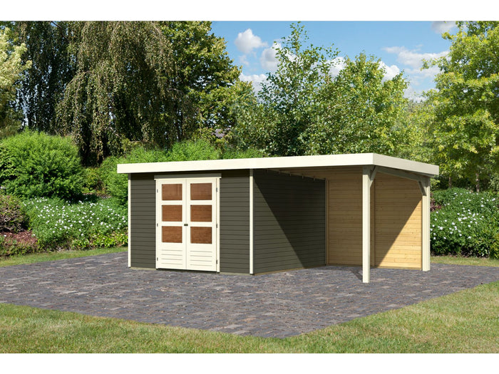 Karibu Gartenhaus Askola 6 in terragrau mit Anbaudach 2,4 Meter - Rückwand