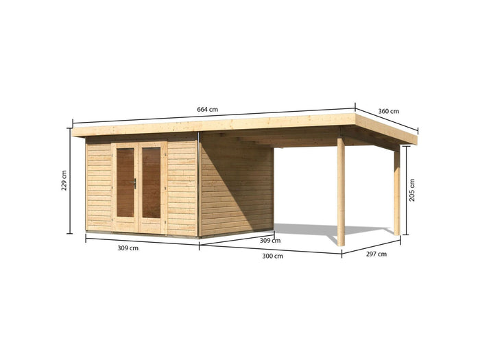 Karibu Gartenhaus Radeburg 1 natur mit Anbaudach 3,3 m