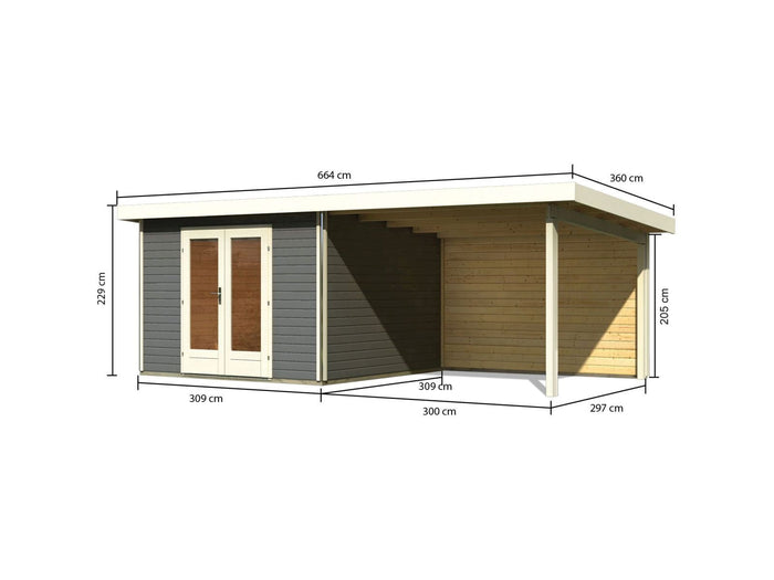 Karibu Gartenhaus Radeburg 1 terragrau mit Anbaudach 3,3 m inkl. Rückwand
