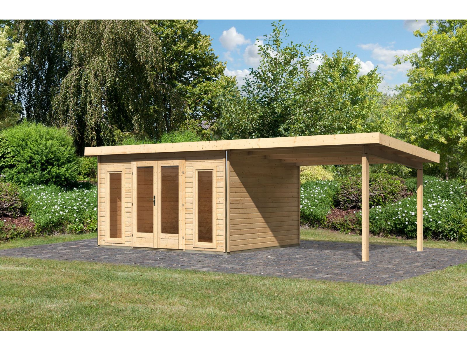 Karibu Gartenhaus Radeburg 2 natur 38 mm mit Anbaudach 3,3 m