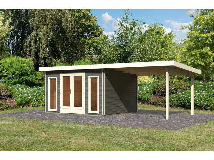 Karibu Gartenhaus Radeburg 2 terragrau 38 mm mit Anbaudach 3,3 m