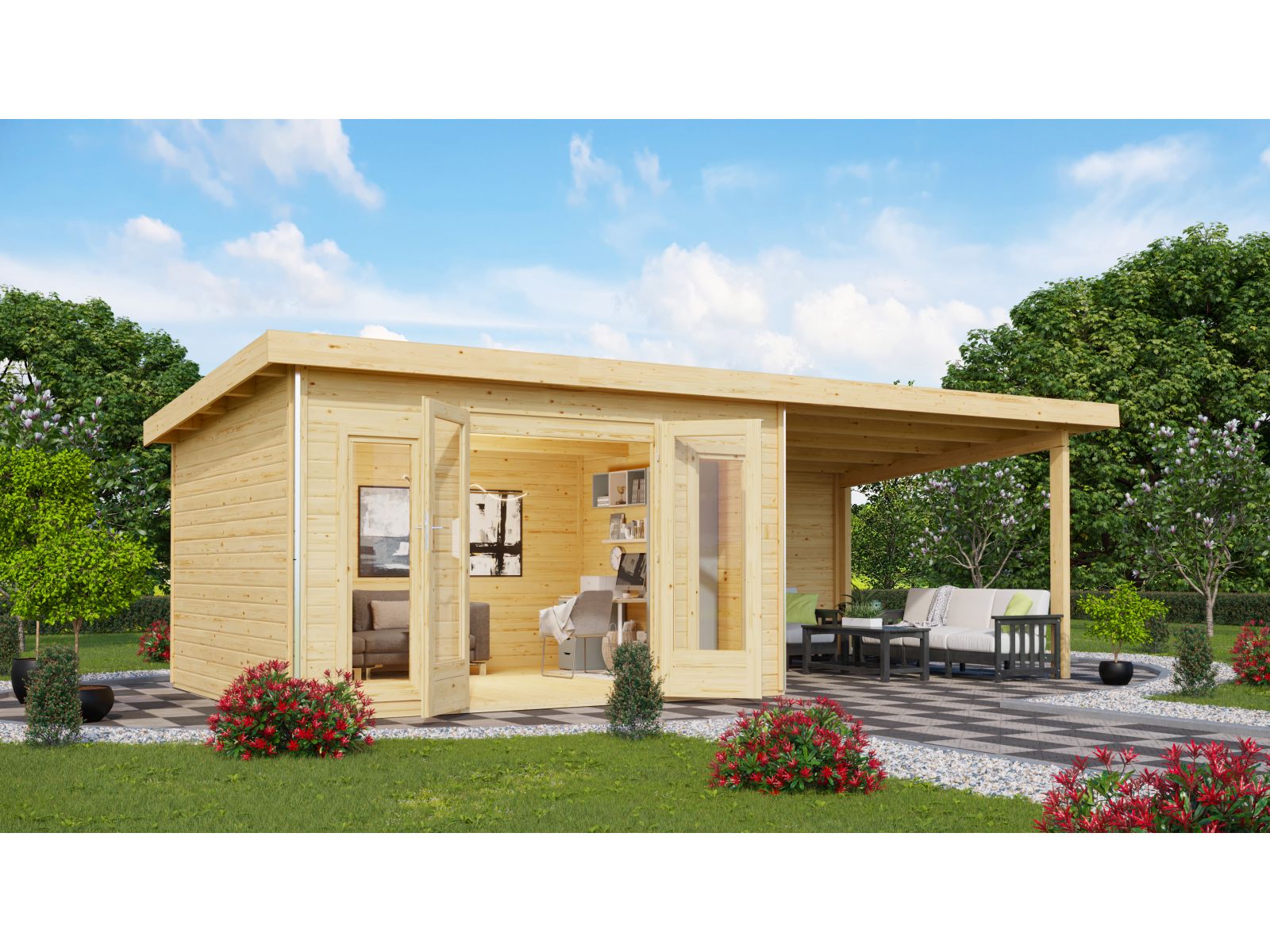 Karibu Gartenhaus Radeburg 2 natur 38 mm mit Anbaudach 3,3 m und Rückwand