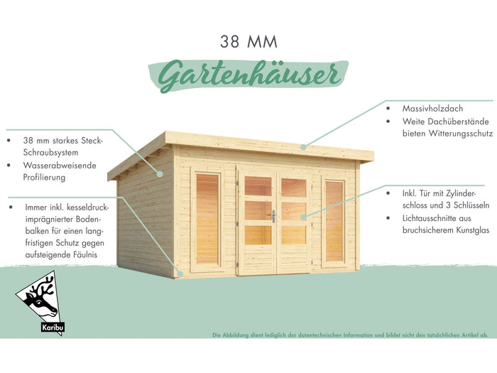 Karibu Gartenhaus Radeburg 2 natur 38 mm mit Anbaudach 3,3 m und Rückwand