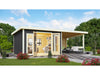 Karibu Gartenhaus Radeburg 2 terragrau mit Anbaudach 3,3 m und Rückwand