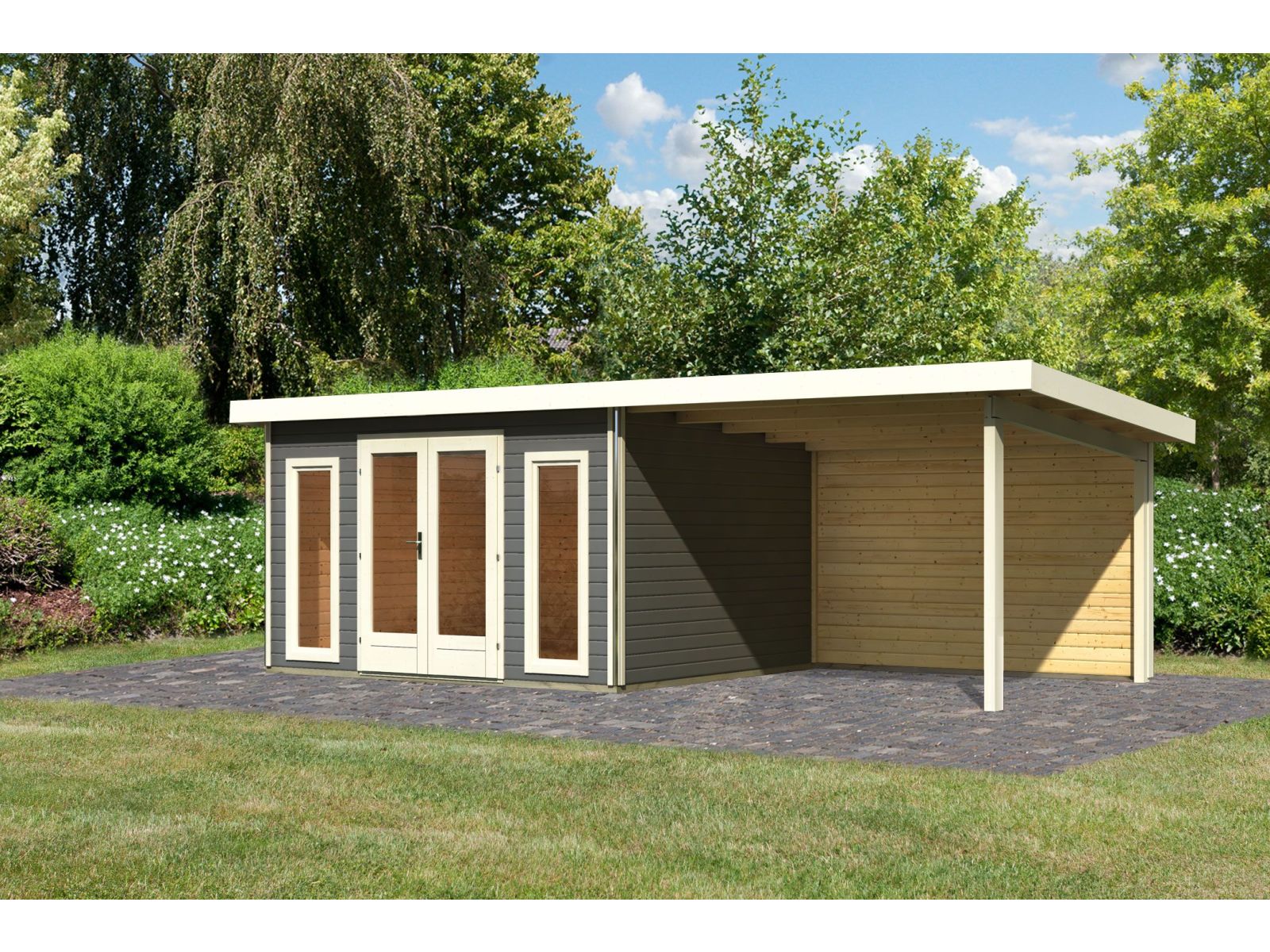 Karibu Gartenhaus Radeburg 2 terragrau mit Anbaudach 3,3 m und Rückwand