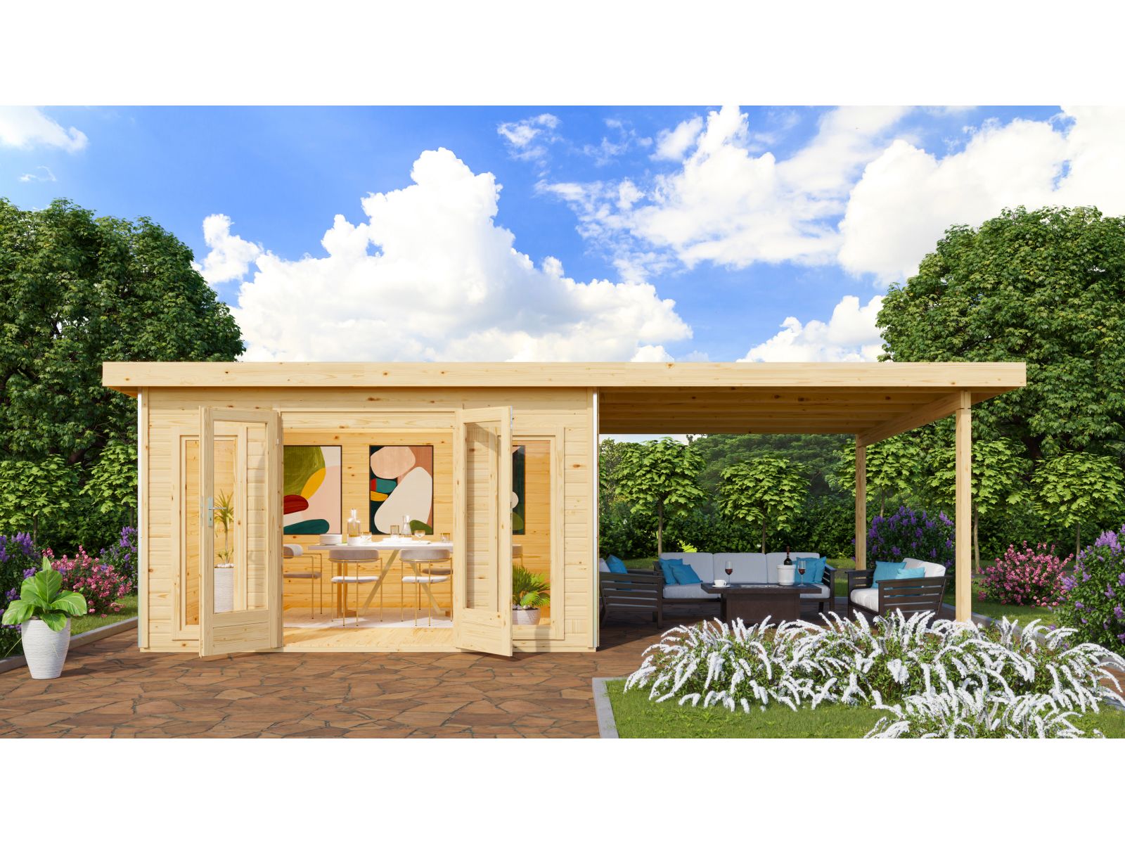 Karibu Gartenhaus Radeburg 3 natur mit Anbaudach 3,3 m