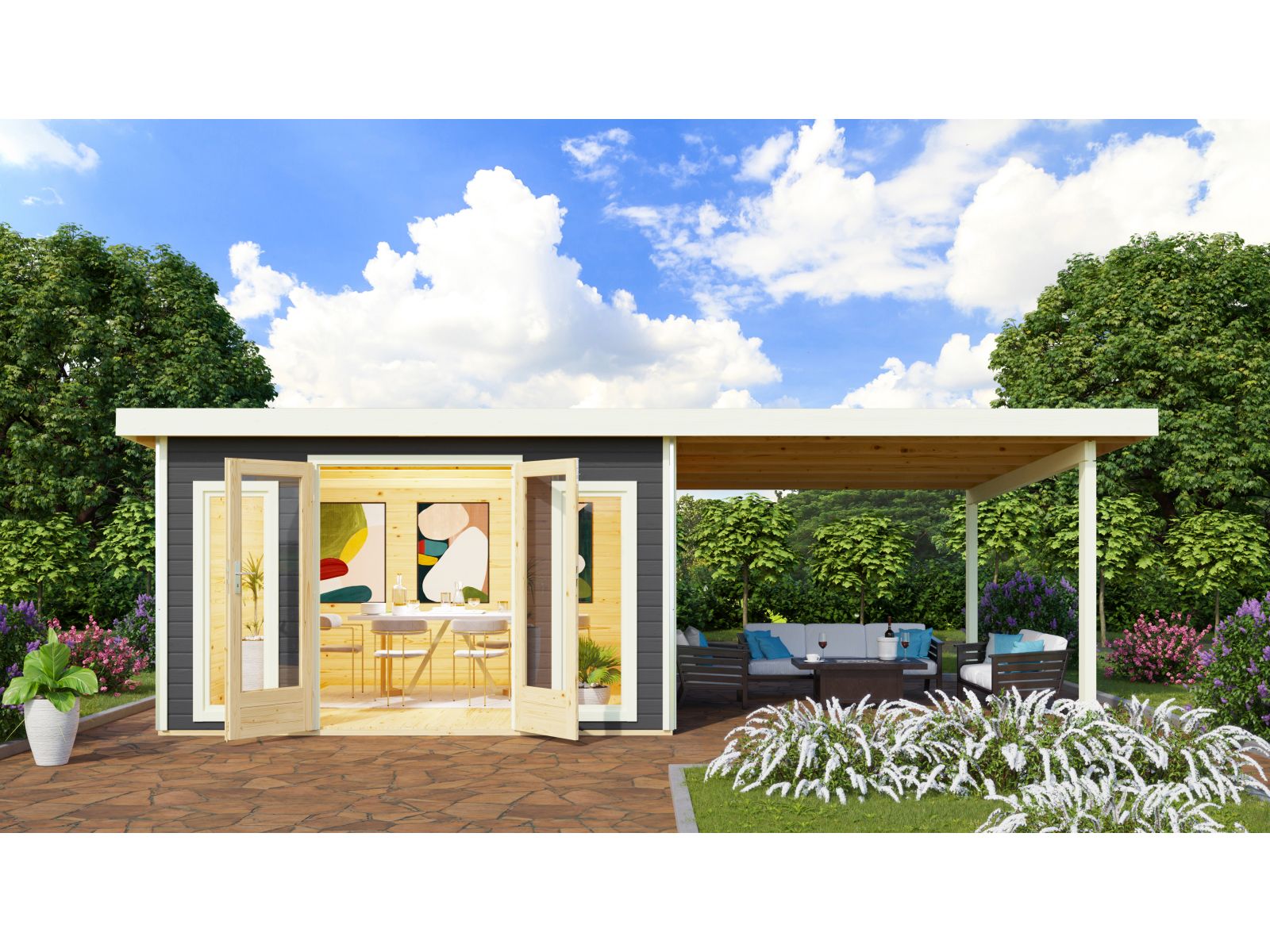 Karibu Gartenhaus Radeburg 3 terragrau mit Anbaudach 3,3 m