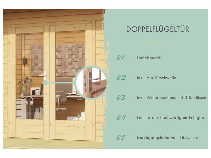 Karibu Gartenhaus Radeburg 3 natur mit Anbaudach 3,3 m und Rückwand