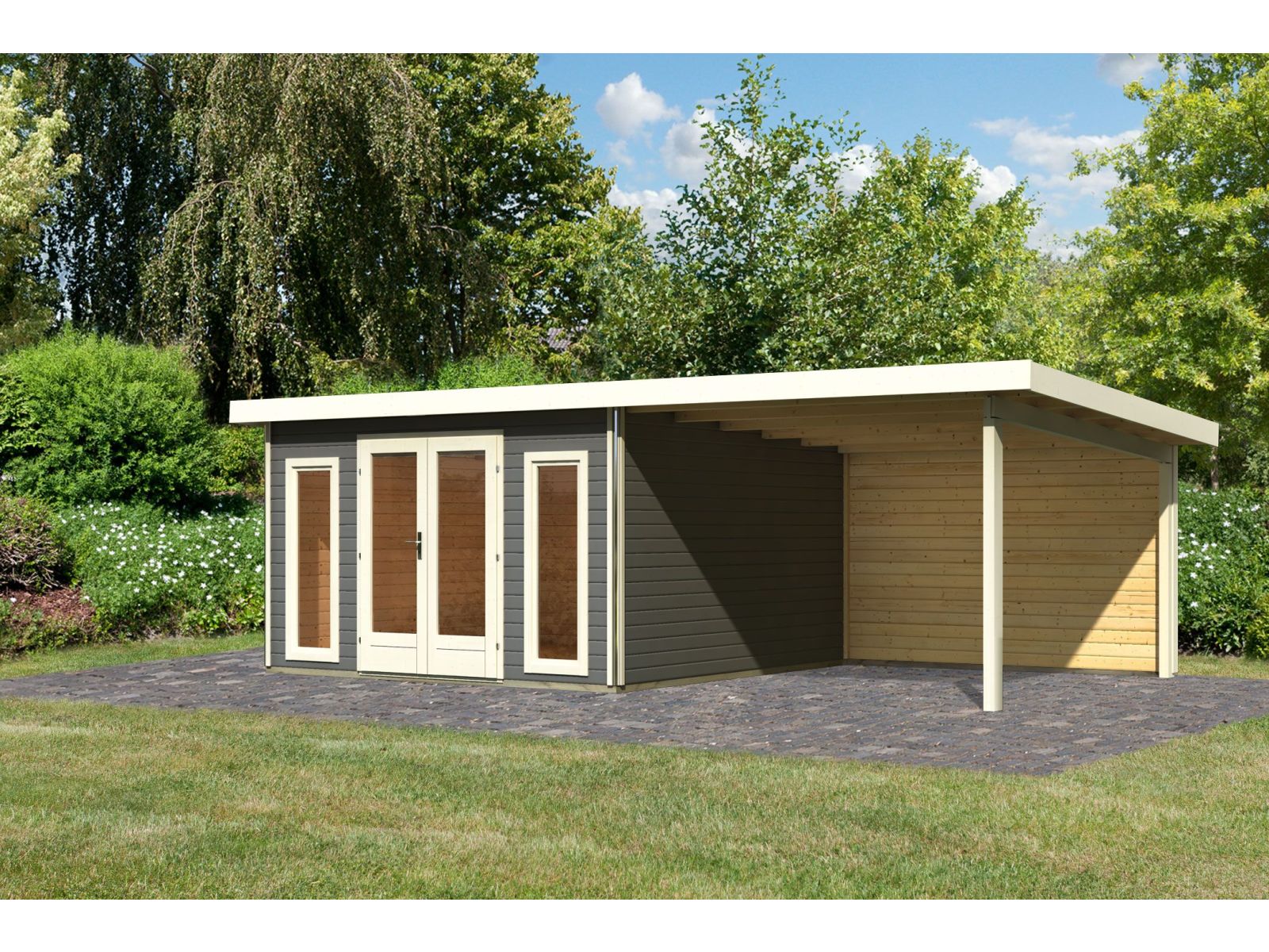 Karibu Gartenhaus Radeburg 3 terragrau mit Anbaudach 3,3 m und Rückwand