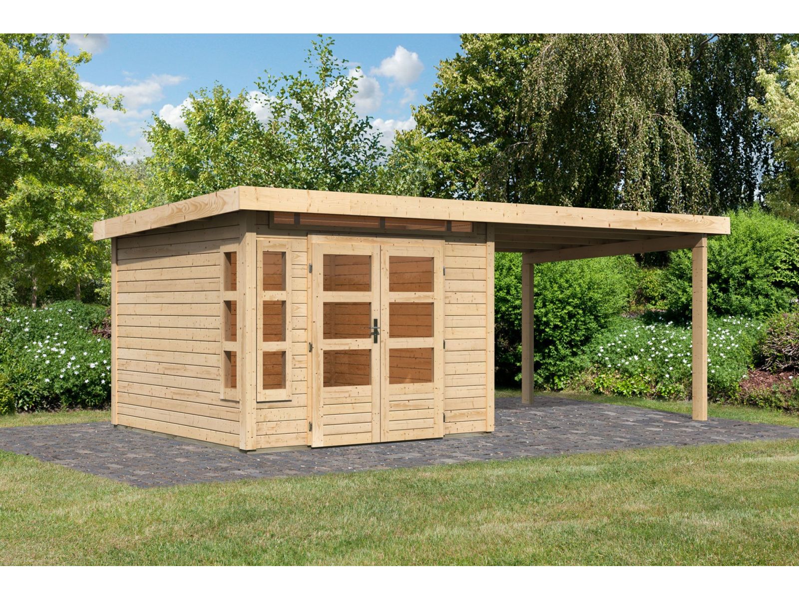 Karibu Gartenhaus Kastorf 6 - 28 mm natur mit Anbaudach 3,2 m