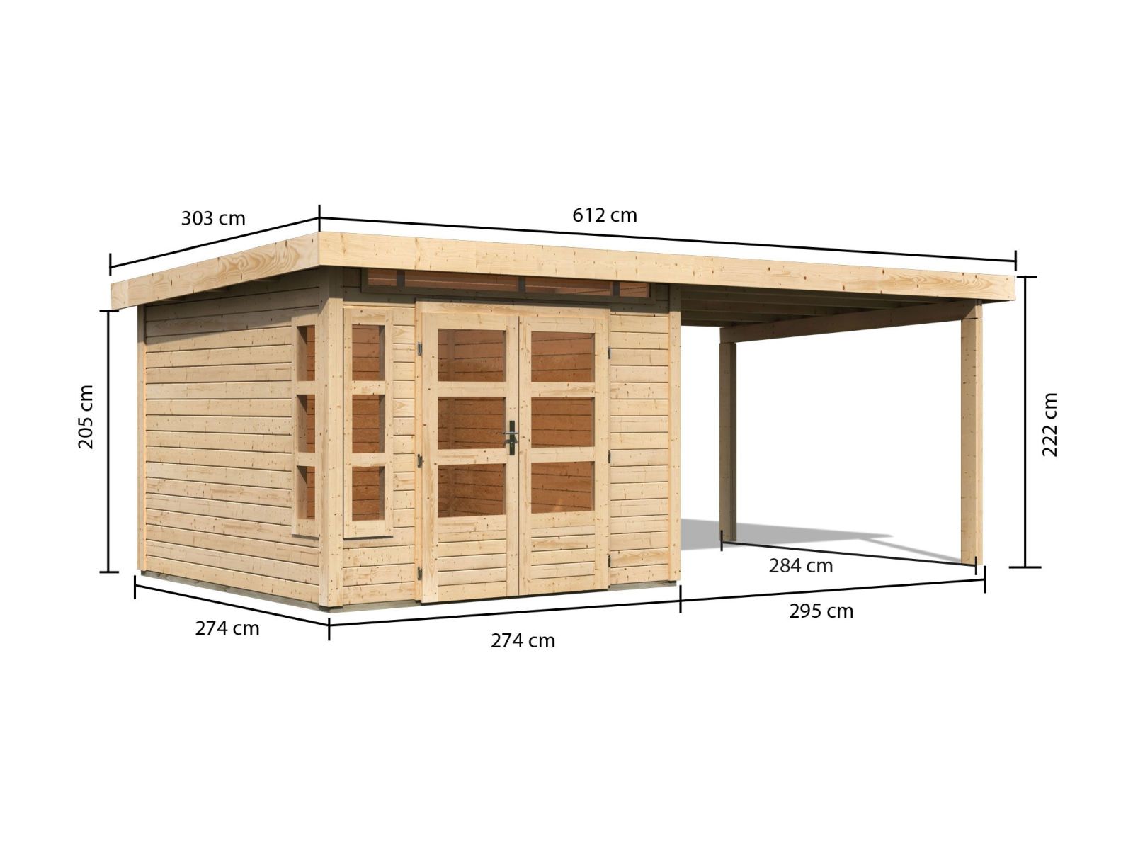 Karibu Gartenhaus Kastorf 6 - 28 mm natur mit Anbaudach 3,2 m