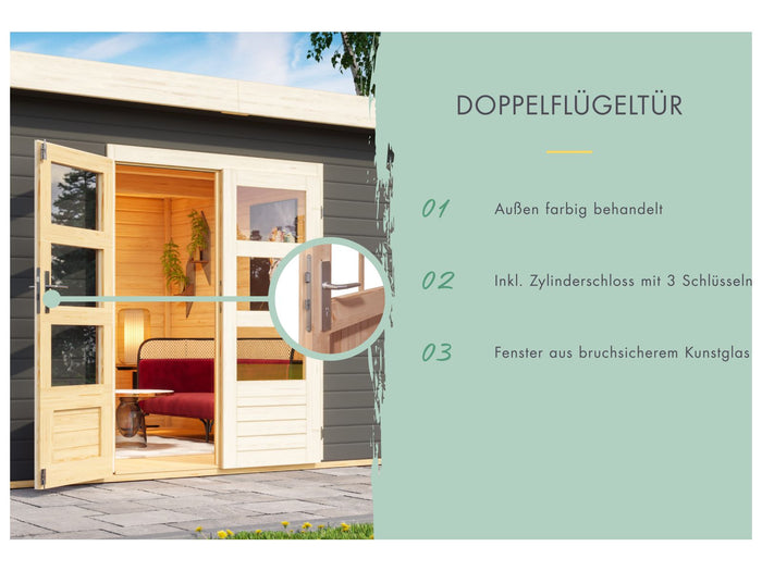 Karibu Gartenhaus Kastorf 6 - 28 mm terragrau mit Anbaudach 3,2 m