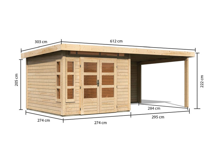 Karibu Gartenhaus Kastorf 6 - natur mit Anbaudach 3,2 m und 28 mm Rückwand