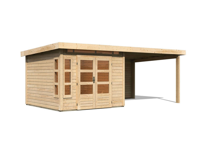 Karibu Gartenhaus Kastorf 6 - natur mit Anbaudach 3,2 m und 28 mm Rückwand