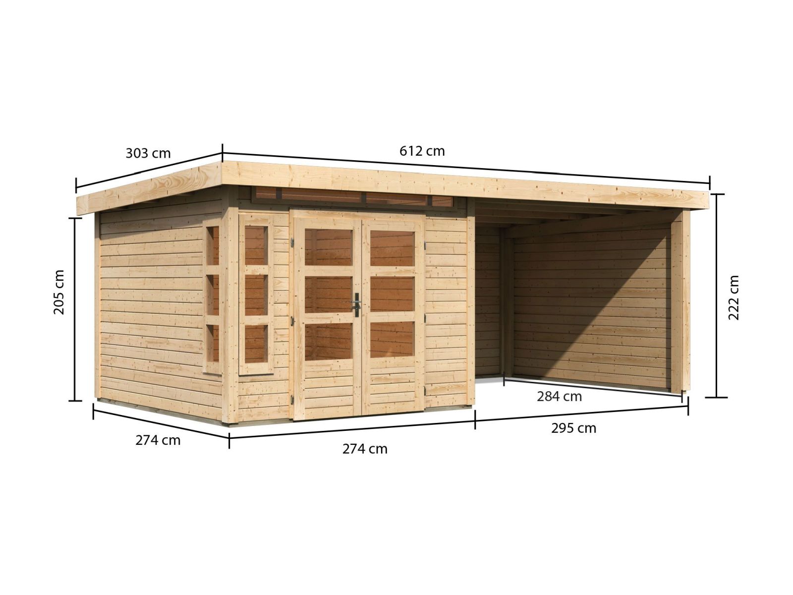 Karibu Gartenhaus Kastorf 6 - natur mit Anbaudach 3,2 m und 28 mm Seiten- und Rückwand