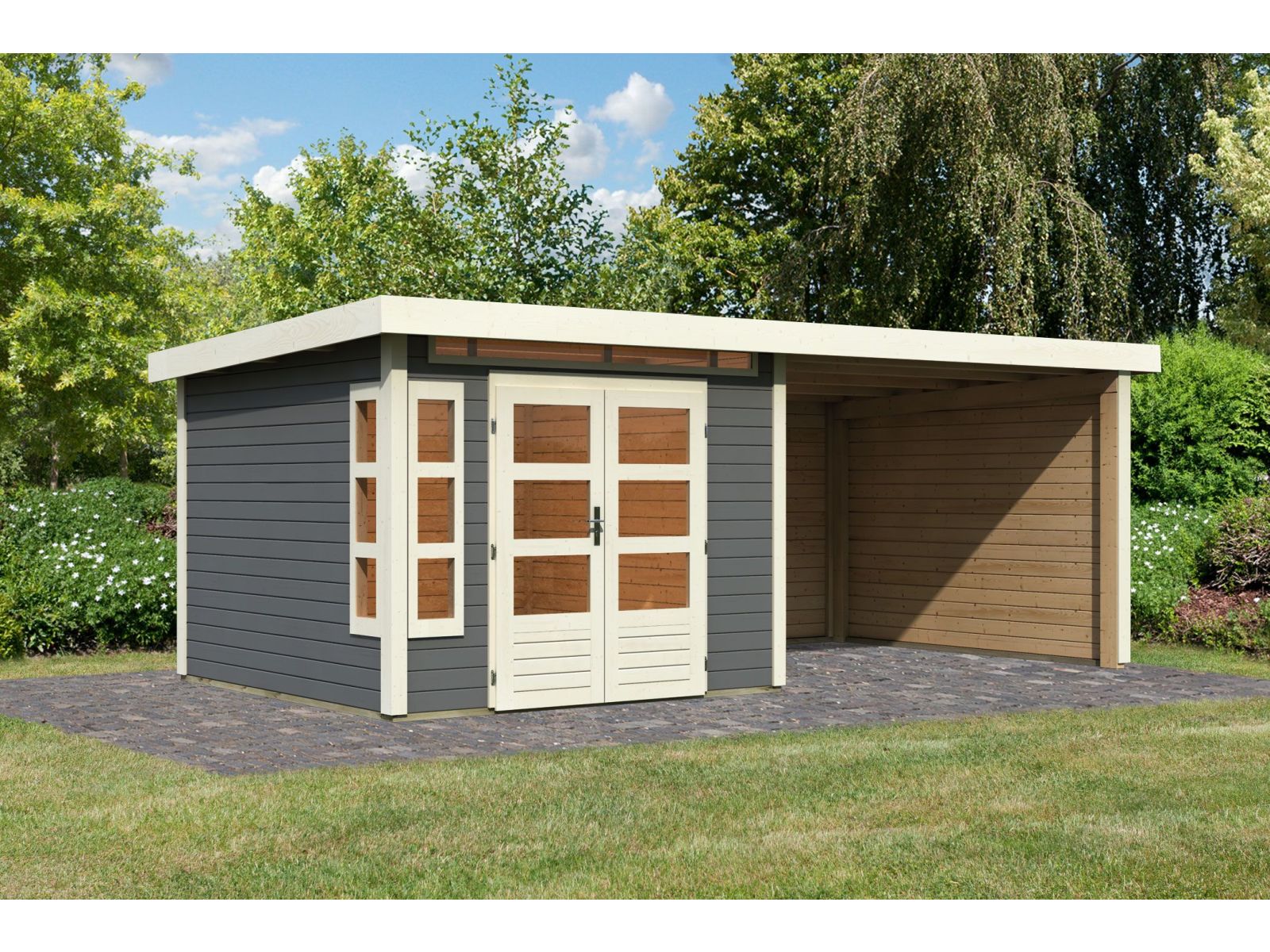 Karibu Gartenhaus Kastorf 6 - terragrau mit Anbaudach 3,2 m und 28 mm Seiten- und Rückwand