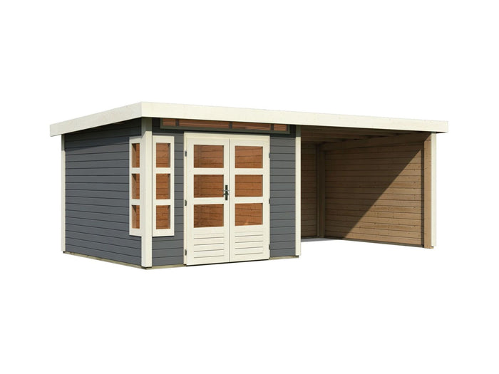 Karibu Gartenhaus Kastorf 6 - terragrau mit Anbaudach 3,2 m und 28 mm Seiten- und Rückwand