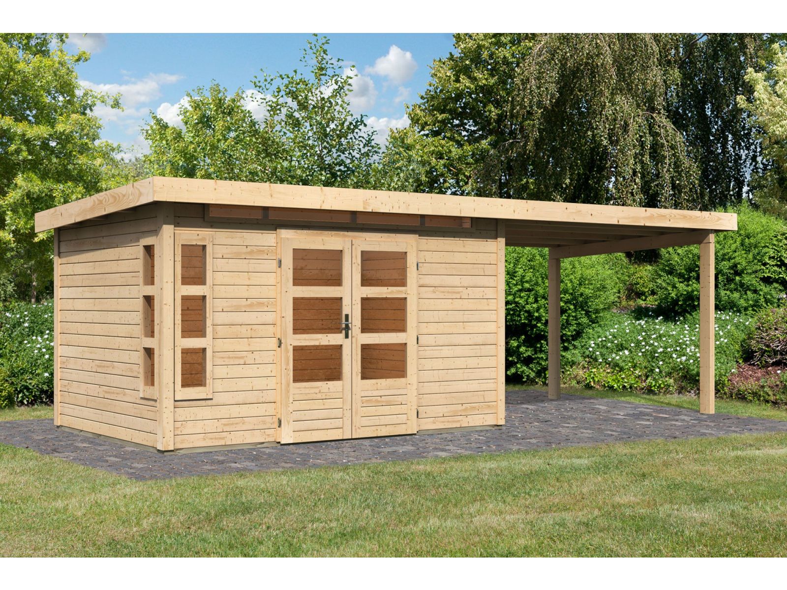 Karibu Gartenhaus Kastorf 7 - natur mit Anbaudach 3,2 m