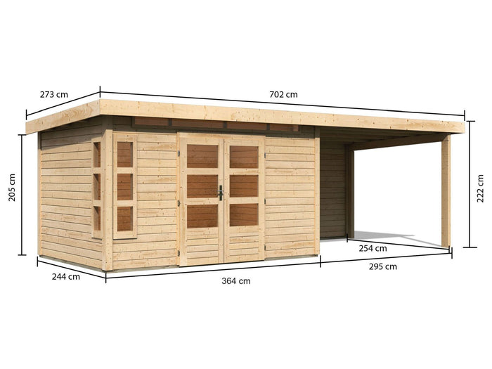 Karibu Gartenhaus Kastorf 7 - natur mit Anbaudach 3,2 m und 28 mm Rückwand