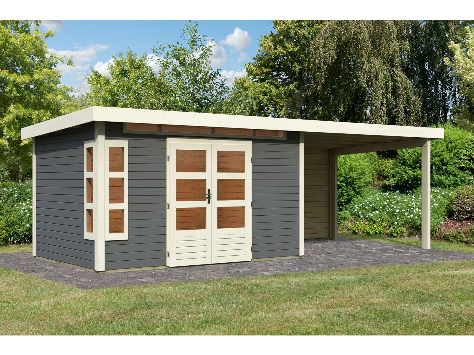 Karibu Gartenhaus Kastorf 7 - terragrau mit Anbaudach 3,2 m und 28 mm Rückwand