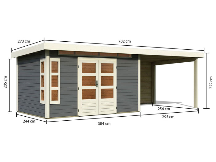 Karibu Gartenhaus Kastorf 7 - terragrau mit Anbaudach 3,2 m und 28 mm Rückwand