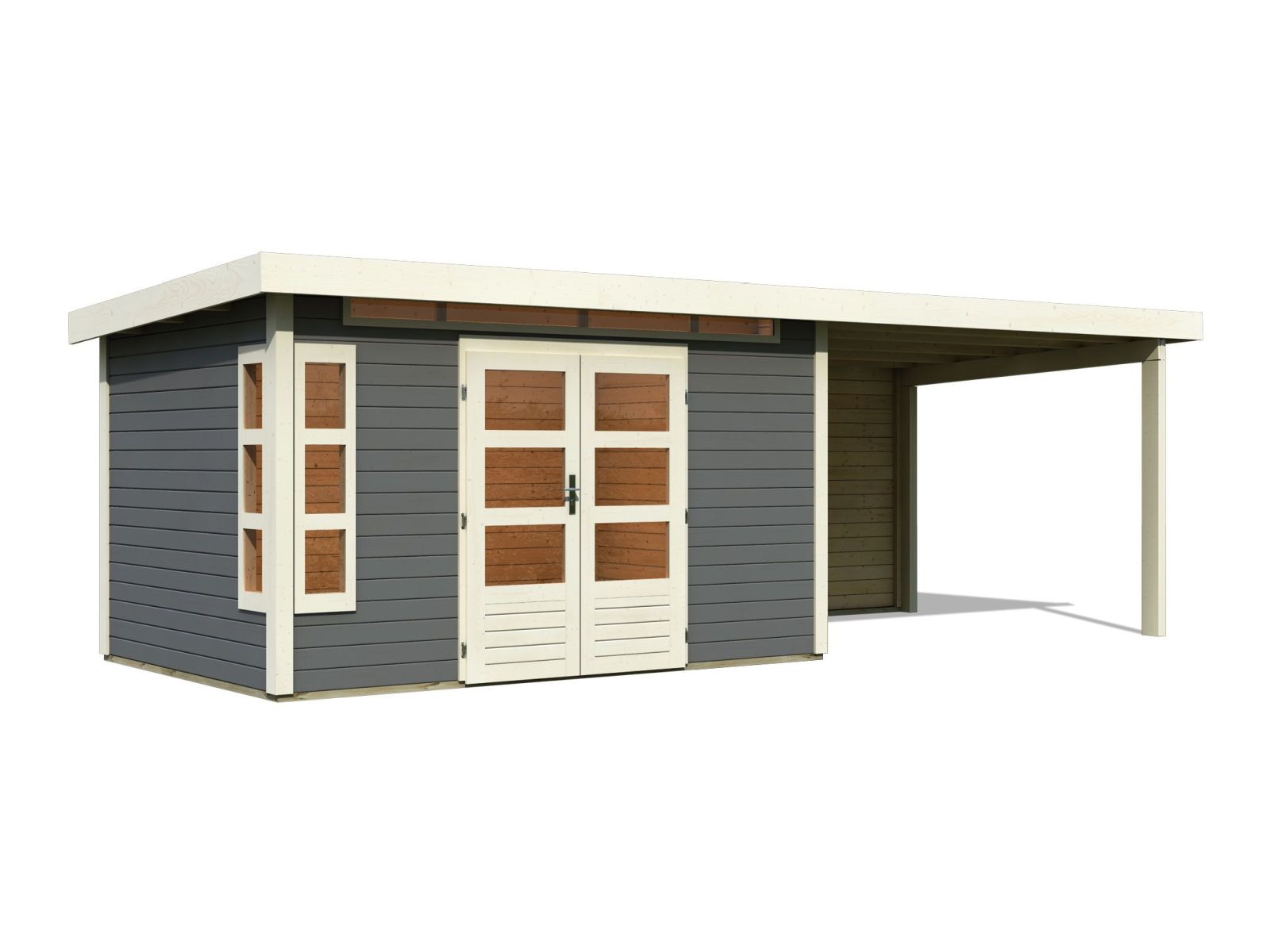 Karibu Gartenhaus Kastorf 7 - terragrau mit Anbaudach 3,2 m und 28 mm Rückwand