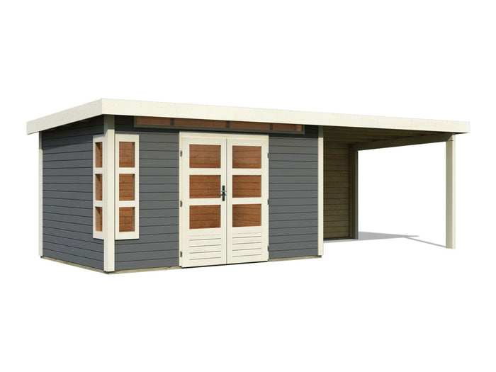 Karibu Gartenhaus Kastorf 7 - terragrau mit Anbaudach 3,2 m und 28 mm Rückwand