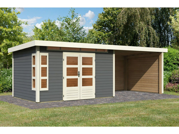 Karibu Gartenhaus Kastorf 7 - terragrau mit Anbaudach 3,2 m und 28 mm Seiten- und Rückwand