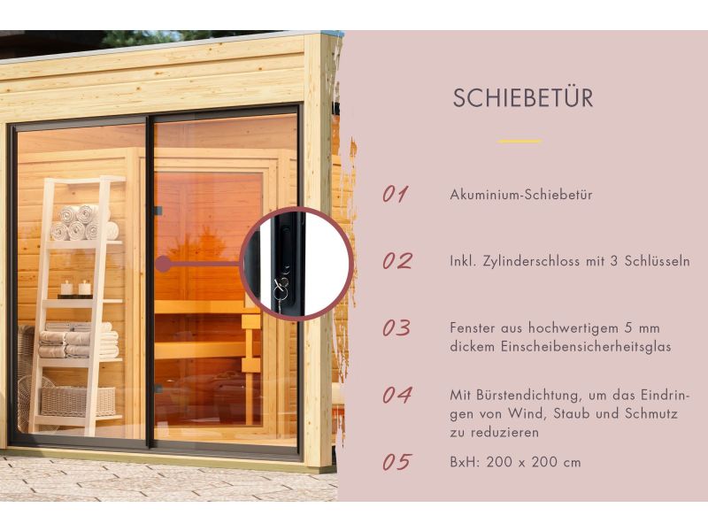 Karibu Saunahaus Monterey, natur, ohne Ofen, inkl. Séparée im Vorraum, 73 mm