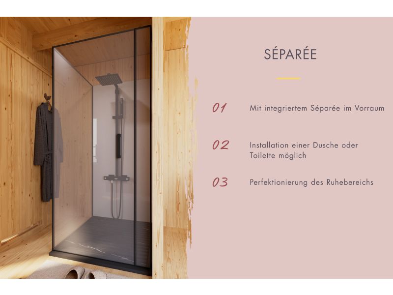 Karibu Saunahaus Monterey, natur, ohne Ofen, inkl. Séparée im Vorraum, 73 mm